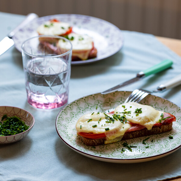Überbackenes Schwarzbrot mit Schinken und Käse